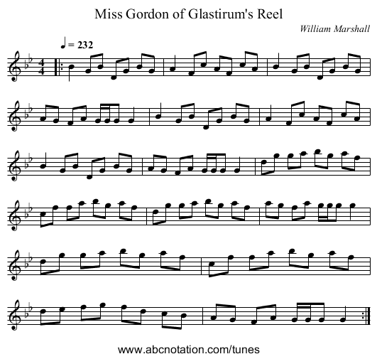 Miss Gordon of Glastirum's Reel - staff notation