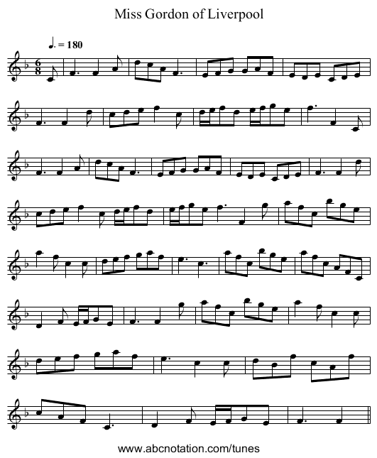 Miss Gordon of Liverpool - staff notation