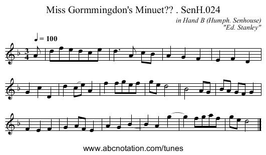 Miss Gormmingdon's Minuet?? . SenH.024 - staff notation
