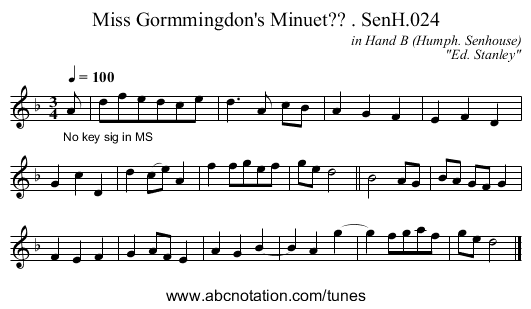 Miss Gormmingdon's Minuet?? . SenH.024 - staff notation