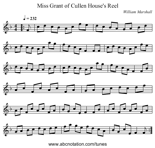 Miss Grant of Cullen House's Reel - staff notation