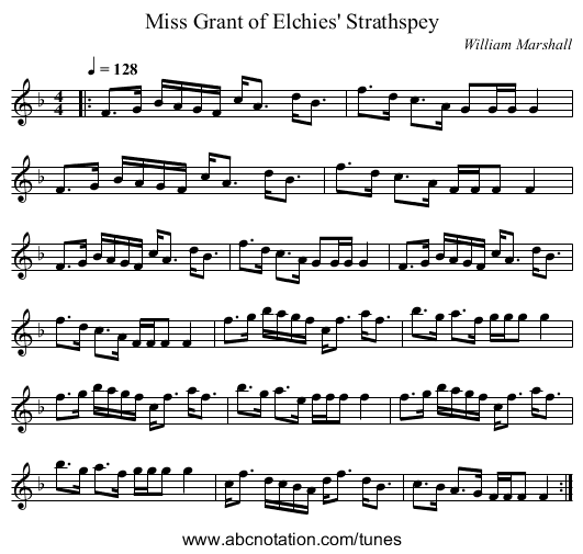 Miss Grant of Elchies' Strathspey - staff notation