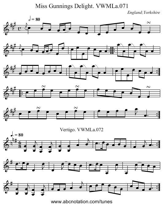 Miss Gunnings Delight. VWMLa.071 - staff notation