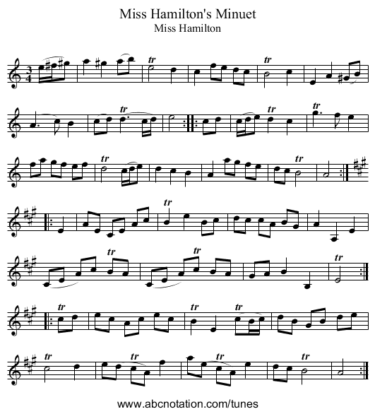 Miss Hamilton's Minuet - staff notation
