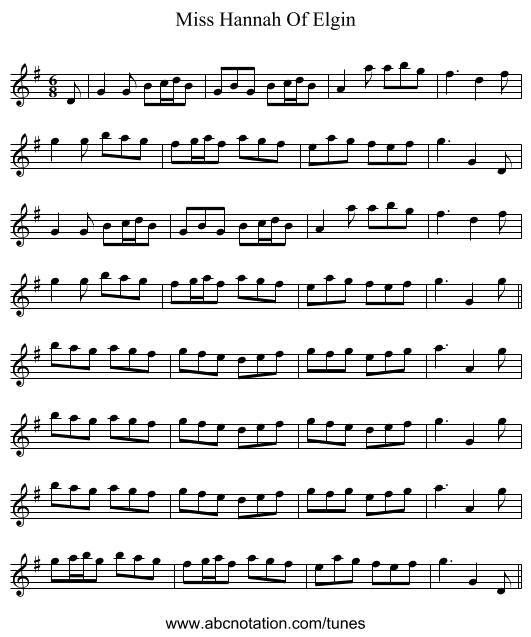 Miss Hannah Of Elgin - staff notation