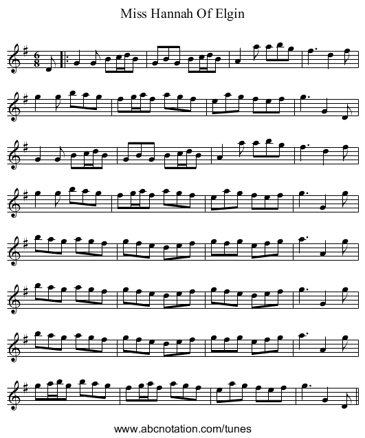 Miss Hannah Of Elgin - staff notation