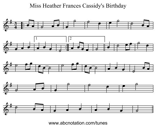 Miss Heather Frances Cassidy's Birthday - staff notation