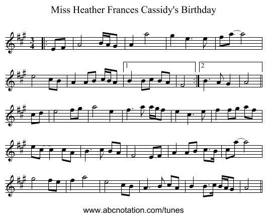 Miss Heather Frances Cassidy's Birthday - staff notation
