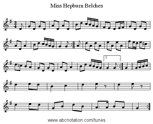 Miss Hepburn Belches - staff notation