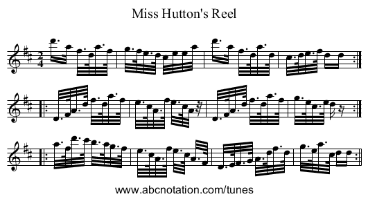Miss Hutton's Reel - staff notation