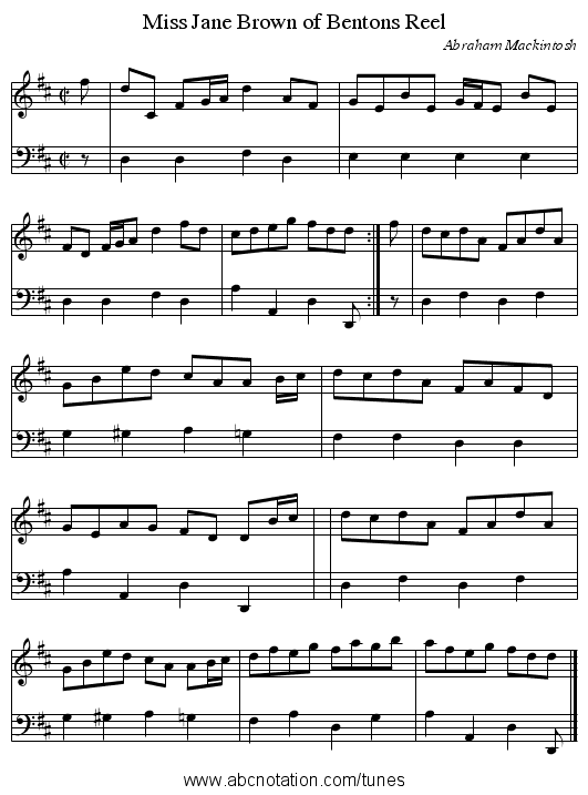 Miss Jane Brown of Bentons Reel - staff notation