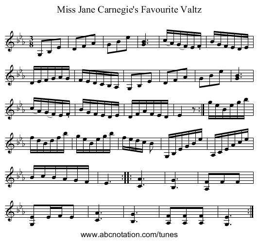 Miss Jane Carnegie's Favourite Valtz - staff notation