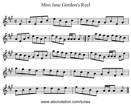 Miss Jane Gordon's Reel - staff notation