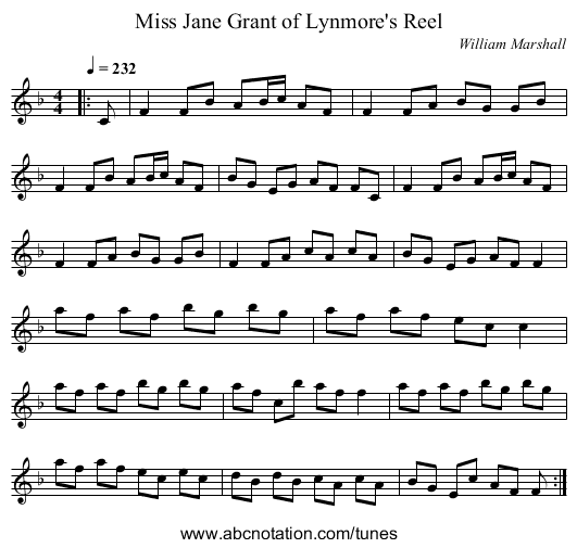Miss Jane Grant of Lynmore's Reel - staff notation