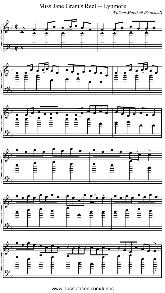 Miss Jane Grant's Reel -- Lynmore - staff notation