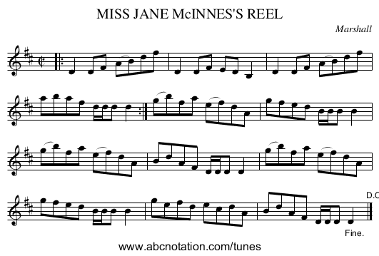 MISS JANE McINNES'S REEL - staff notation