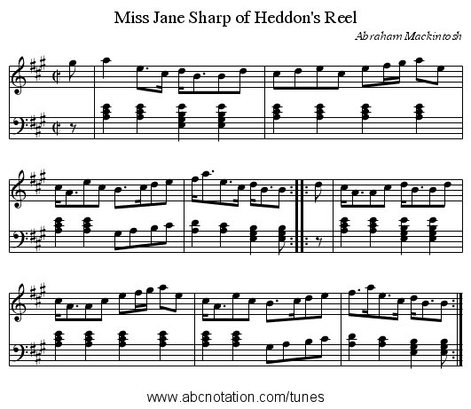 Miss Jane Sharp of Heddon's Reel - staff notation