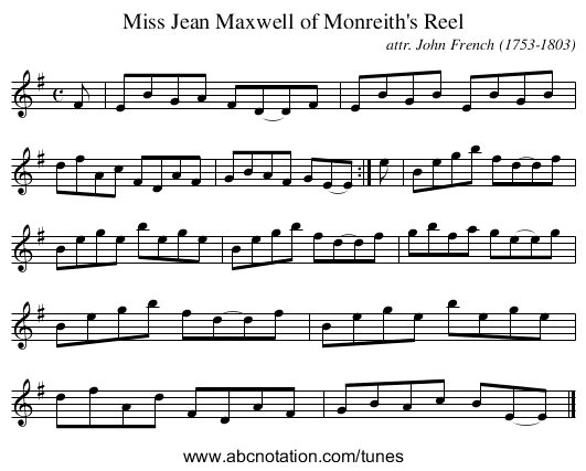 Miss Jean Maxwell of Monreith's Reel - staff notation