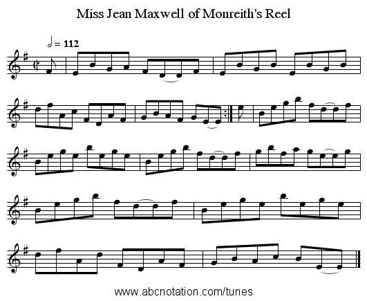 Miss Jean Maxwell of Monreith's Reel - staff notation