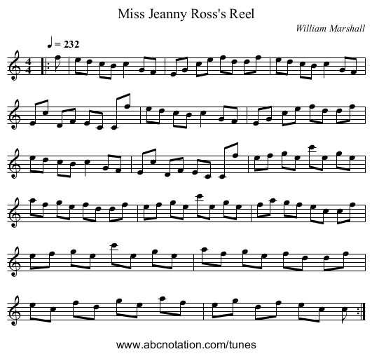 Miss Jeanny Ross's Reel - staff notation
