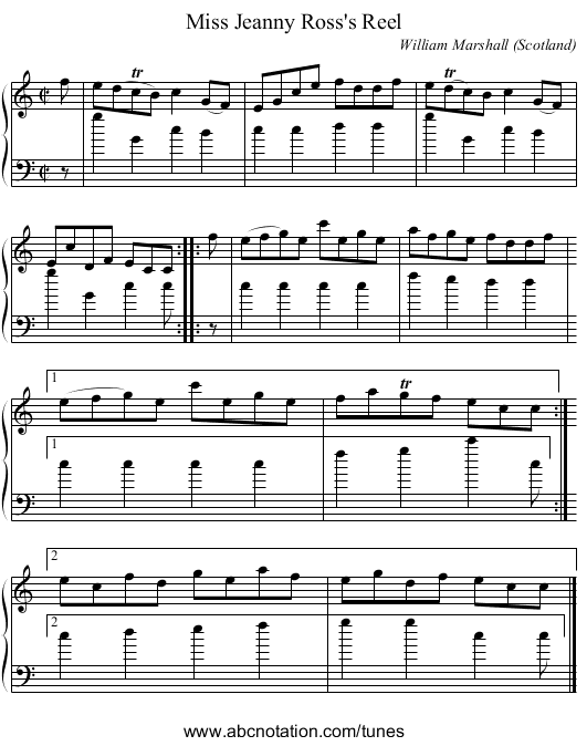 Miss Jeanny Ross's Reel - staff notation