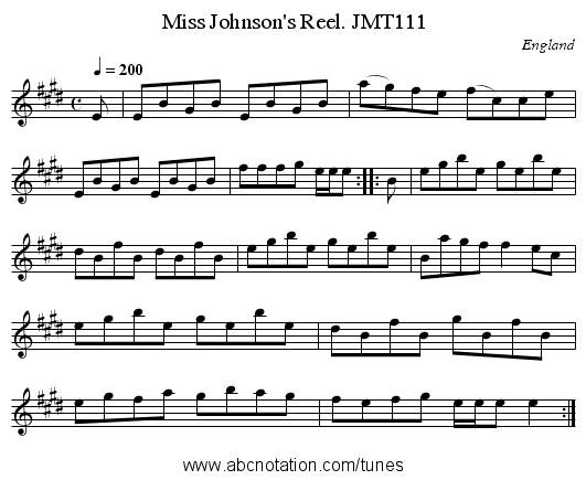 Miss Johnson's Reel. JMT111 - staff notation