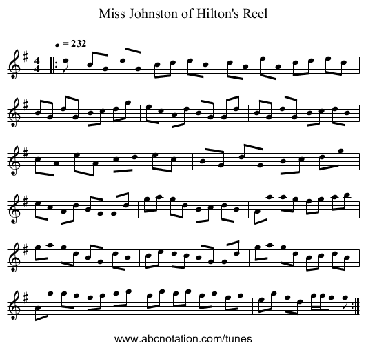Miss Johnston of Hilton's Reel - staff notation