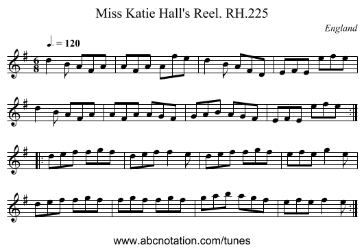 Miss Katie Hall's Reel. RH.225 - staff notation