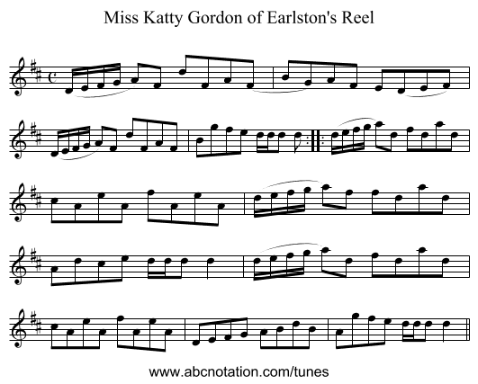 Miss Katty Gordon of Earlston's Reel - staff notation