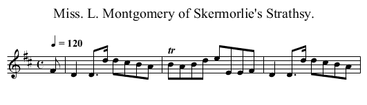 Miss. L. Montgomery of Skermorlie's Strathsy. - staff notation