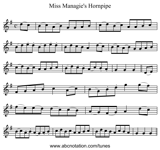 Miss Managie's Hornpipe - staff notation