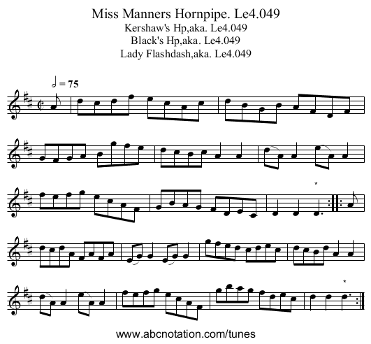 Miss Manners Hornpipe. Le4.049 - staff notation