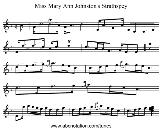 Miss Mary Ann Johnston's Strathspey - staff notation