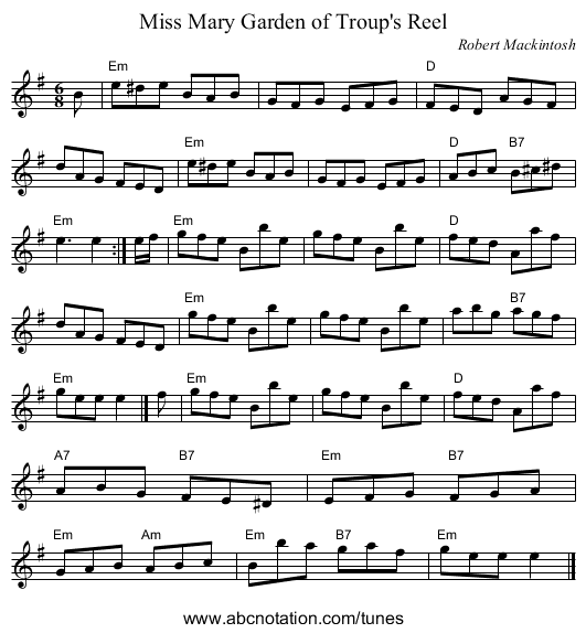 Miss Mary Garden of Troup's Reel - staff notation