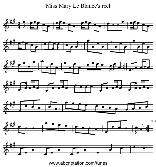 Miss Mary Le Blance's reel - staff notation