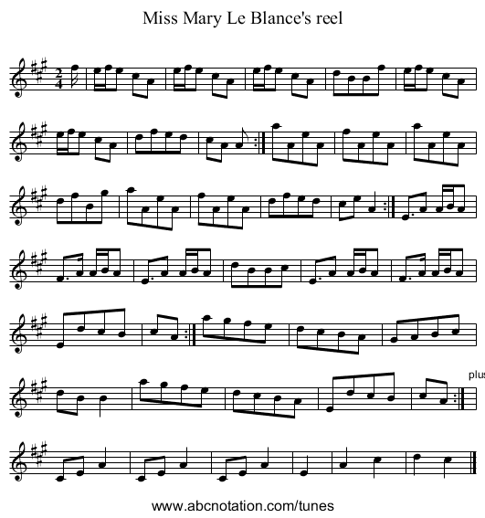 Miss Mary Le Blance's reel - staff notation