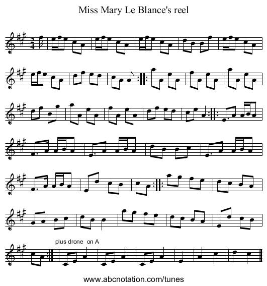 Miss Mary Le Blance's reel - staff notation