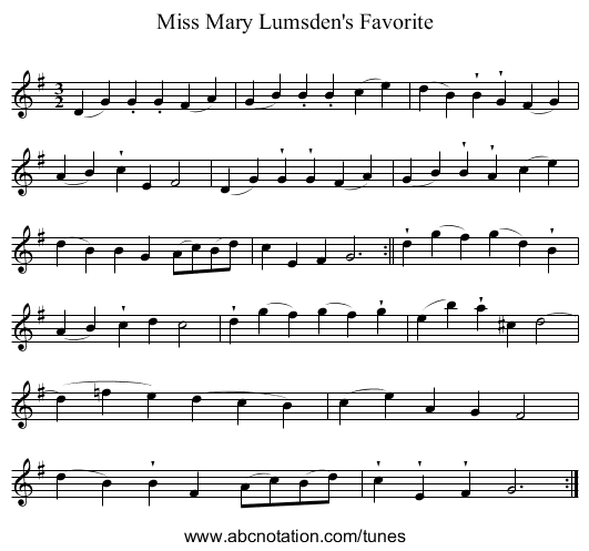 Miss Mary Lumsden's Favorite - staff notation