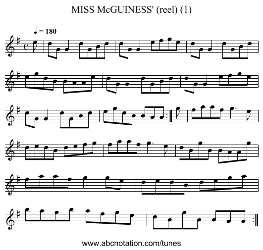 MISS McGUINESS' (reel) (1) - staff notation