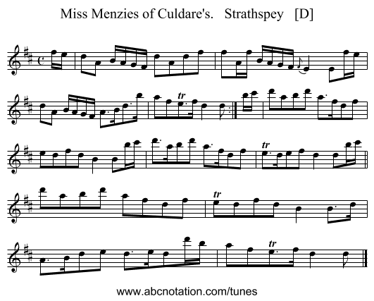 Miss Menzies of Culdare's.   Strathspey   [D] - staff notation