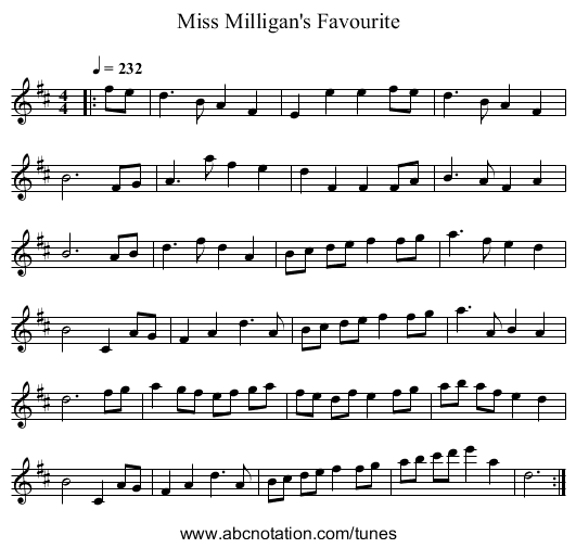 Miss Milligan's Favourite - staff notation