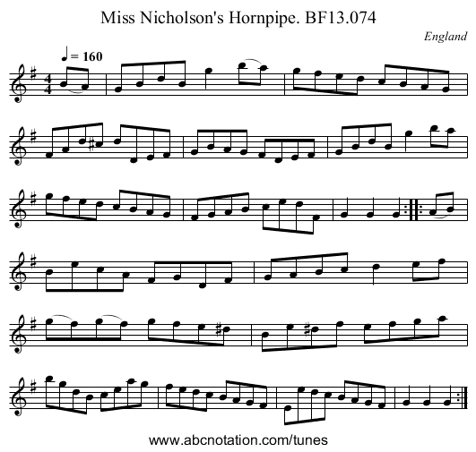 Miss Nicholson's Hornpipe. BF13.074 - staff notation