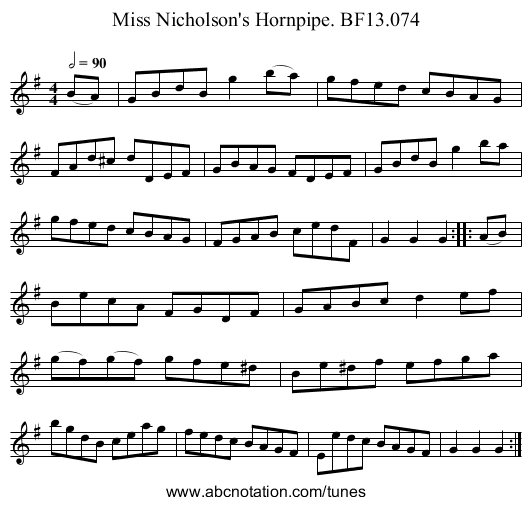 Miss Nicholson's Hornpipe. BF13.074 - staff notation