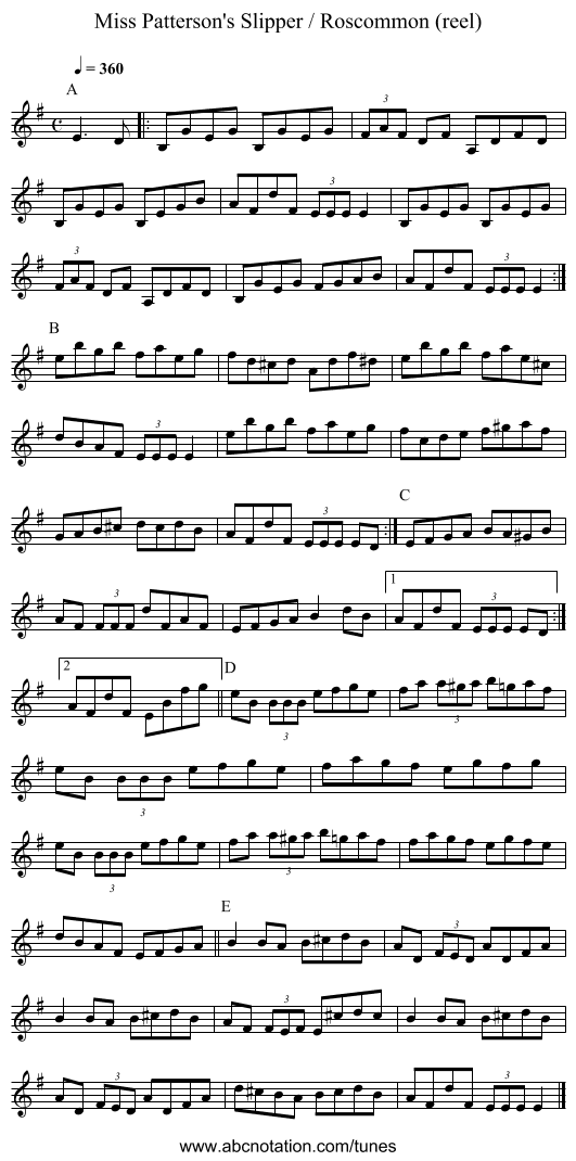 Miss Patterson's Slipper / Roscommon (reel) - staff notation