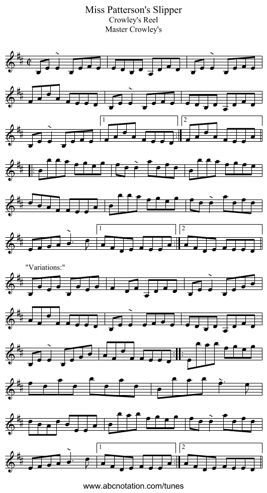Miss Patterson's Slipper - staff notation