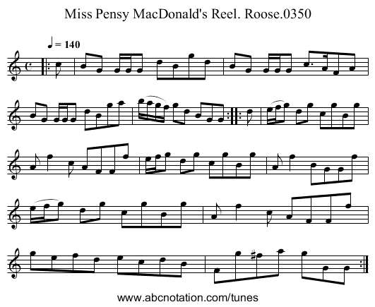 Miss Pensy MacDonald's Reel. Roose.0350 - staff notation