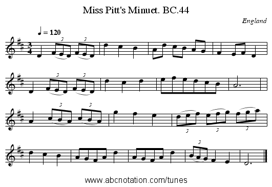 Miss Pitt's Minuet. BC.44 - staff notation