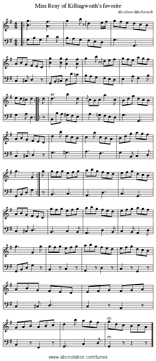 Miss Reay of Killingworth's favorite - staff notation
