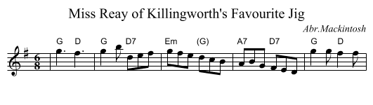 Miss Reay of Killingworth's Favourite Jig - staff notation