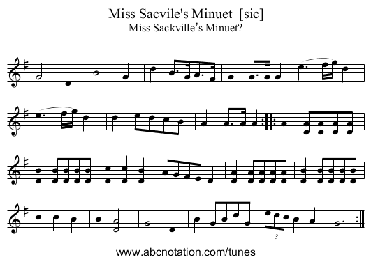 Miss Sacvile's Minuet  [sic] - staff notation